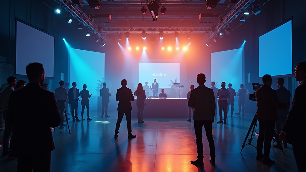 High angle view of a corporate event setup with professional lighting and camera equipment