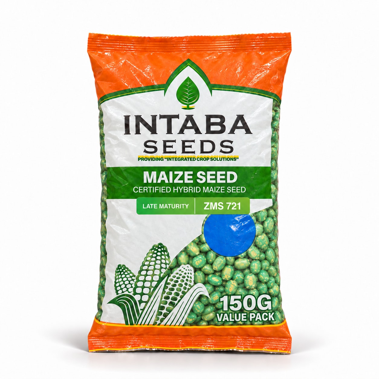 ZMS 721 maize seed pack, 150 g value pack, upright on a white studio background
