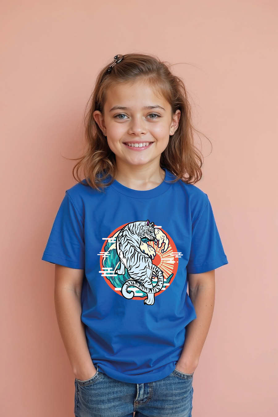 White Tiger and Sunset Waves Everyday Unisex Kids Graphic Tee – Drawing Print