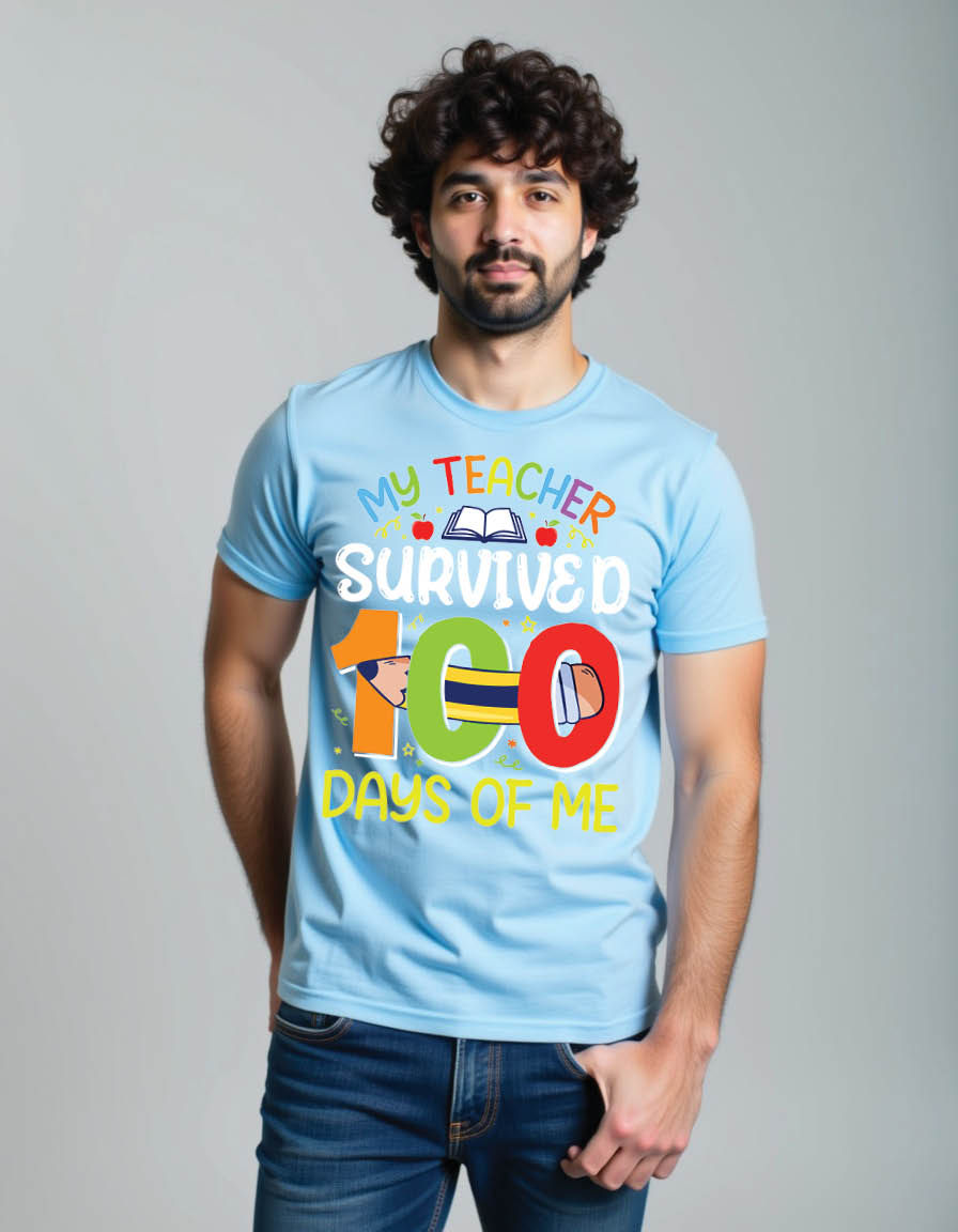 Thumbnail: my teacher survived 100 days me 100th day school mens printed graphic t shirt