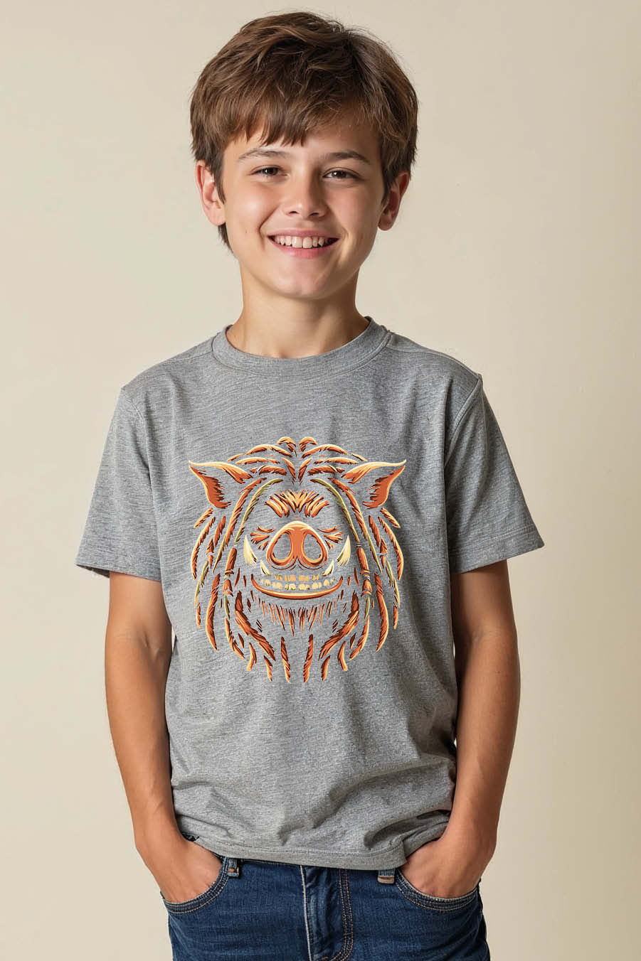 Thumbnail: Woven Tribal Boar Head Cotton Printed T-Shirt for Boys & Girls