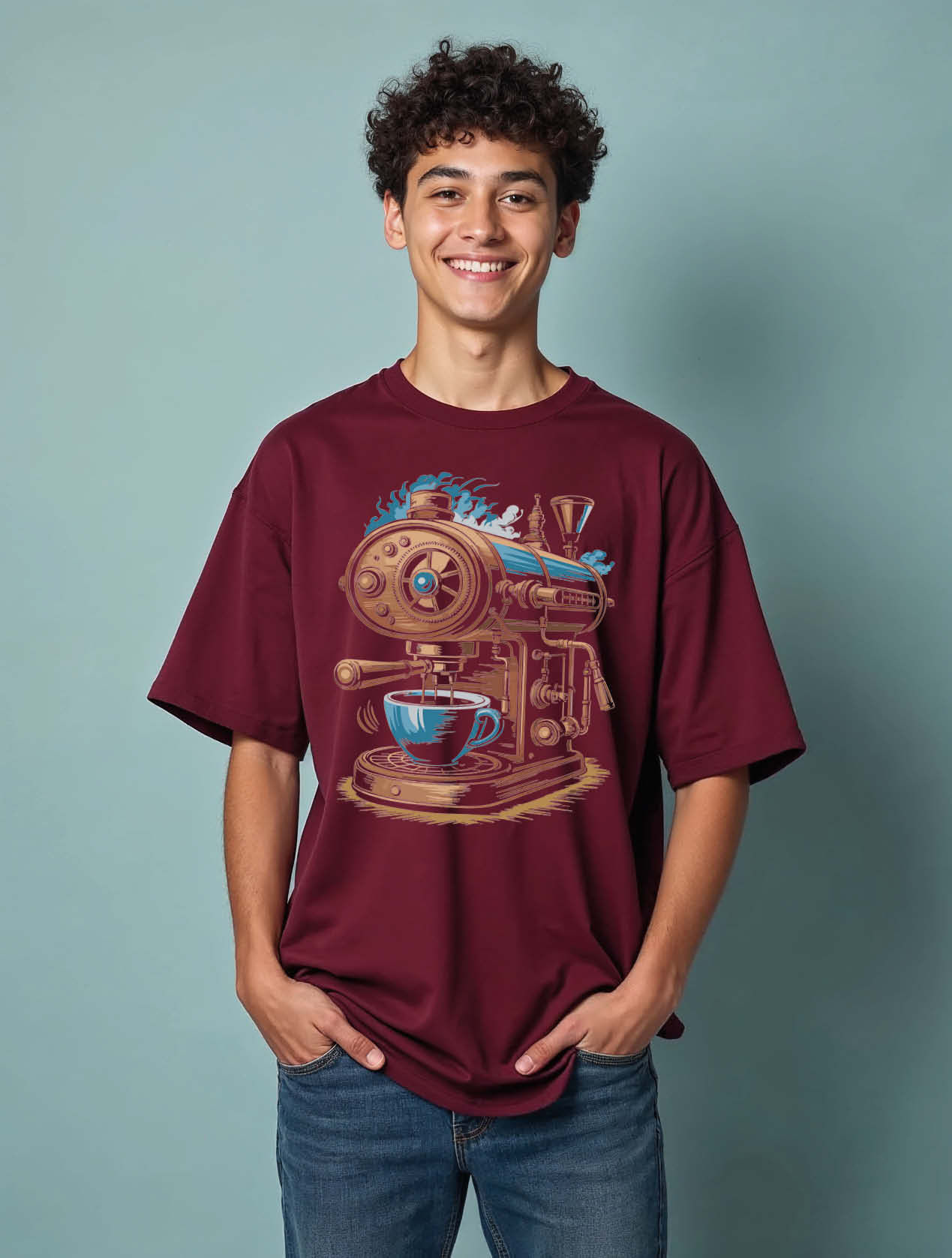 Steampunk Coffee Machine Cool Unisex Oversized Drop Shoulder T-Shirt