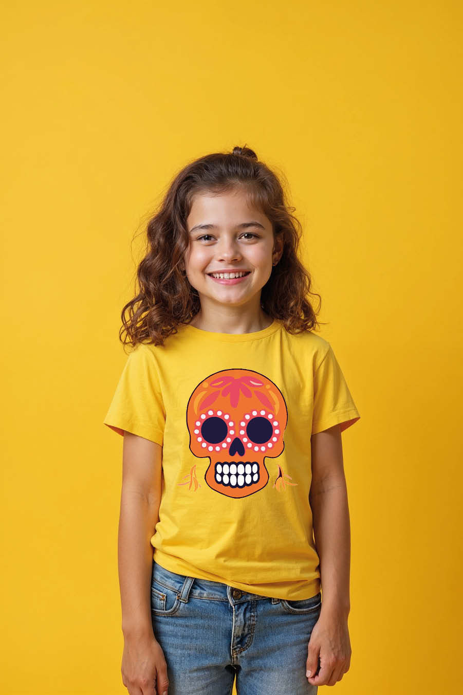 Thumbnail: Kid's Blue Orange Sugar Skull T-Shirt Playful Trendy Printed Tee for Kids