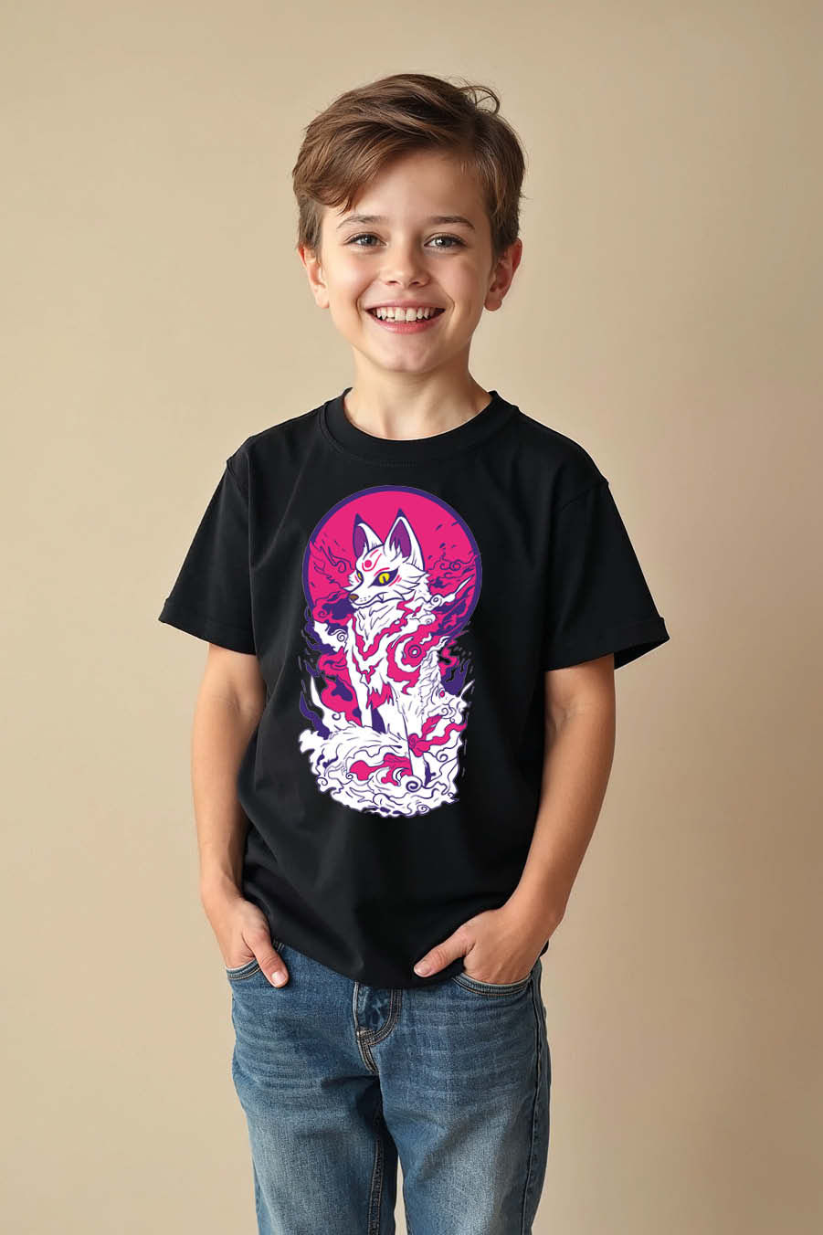 Mythical Kitsune Fox Premium Kids Graphic Tee – Typography Print Design
