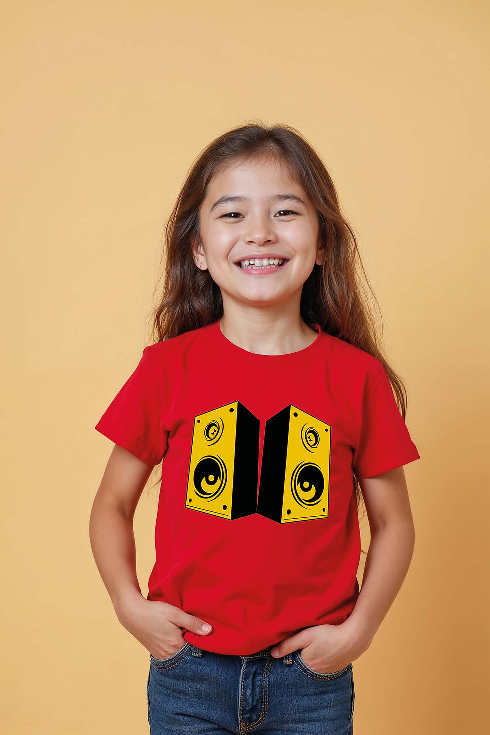 Thumbnail: Dual Yellow Speaker Towers Cute Unisex Kids Graphic Tee – Graphic Print Design