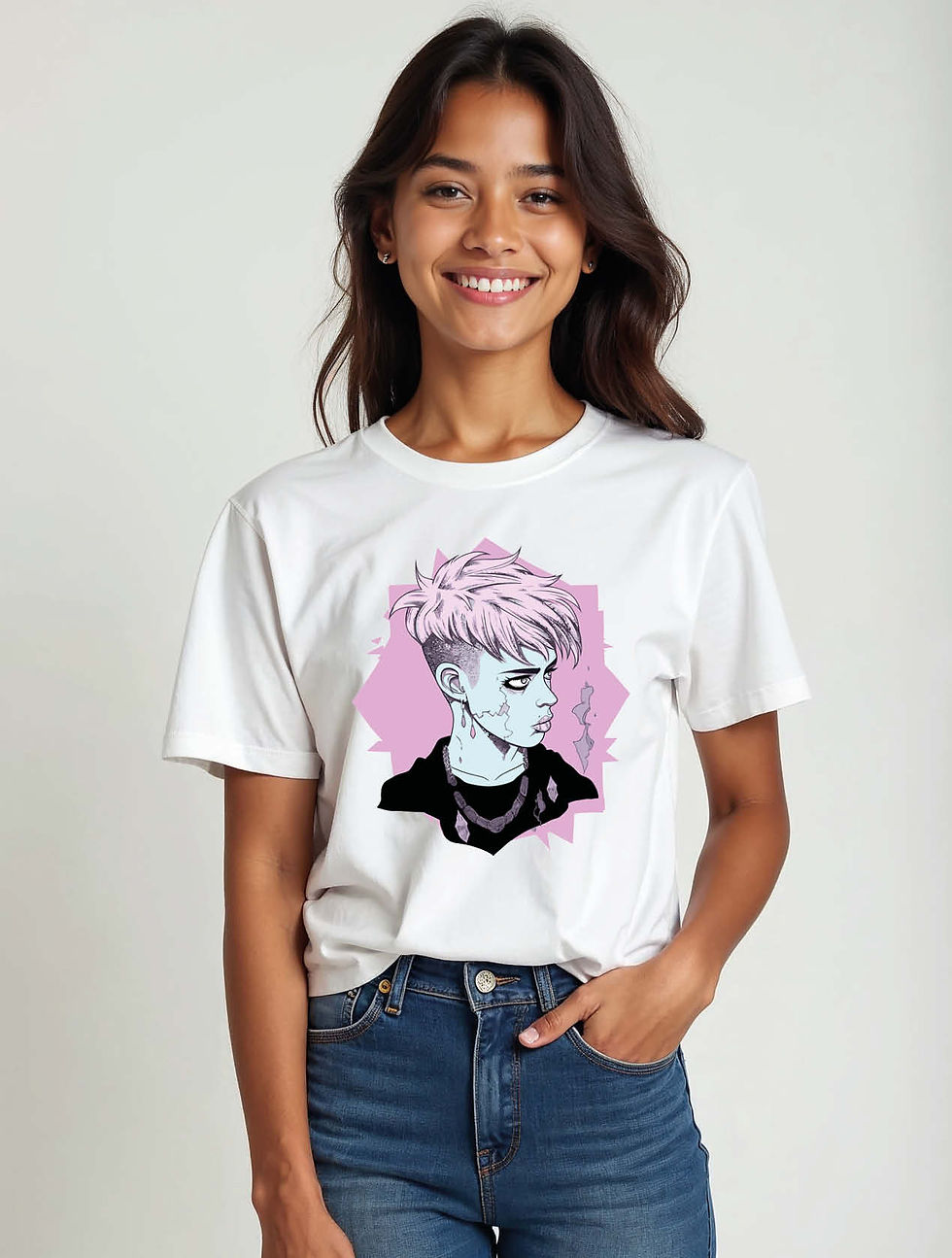 Thumbnail: Pink-Haired Anime Punk  Casual Women’s Streetwear T-Shirt – Fast Delivery
