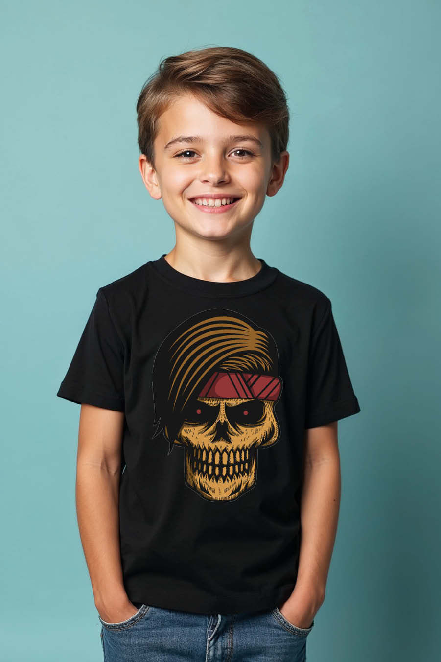 Thumbnail: Gothic Skull Red Bandana T-Shirt Comfortable Casual Kids Printed T-Shirt