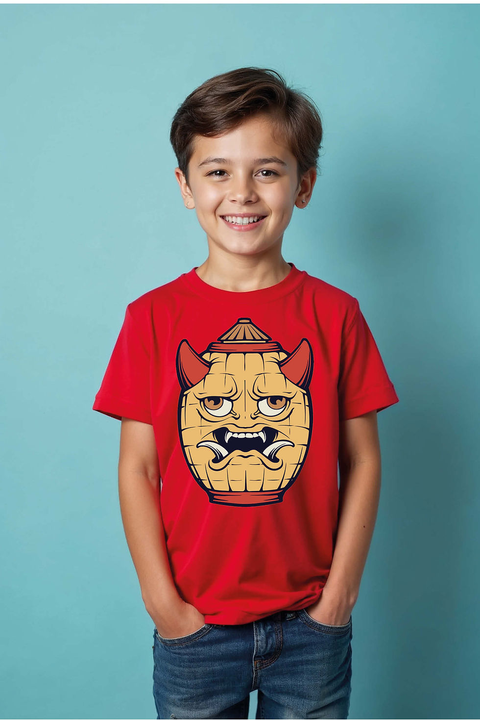 Intense Oni Demon Mask on a Barrel Kid's  T-Shirt Premium Cool Cartoon Kids