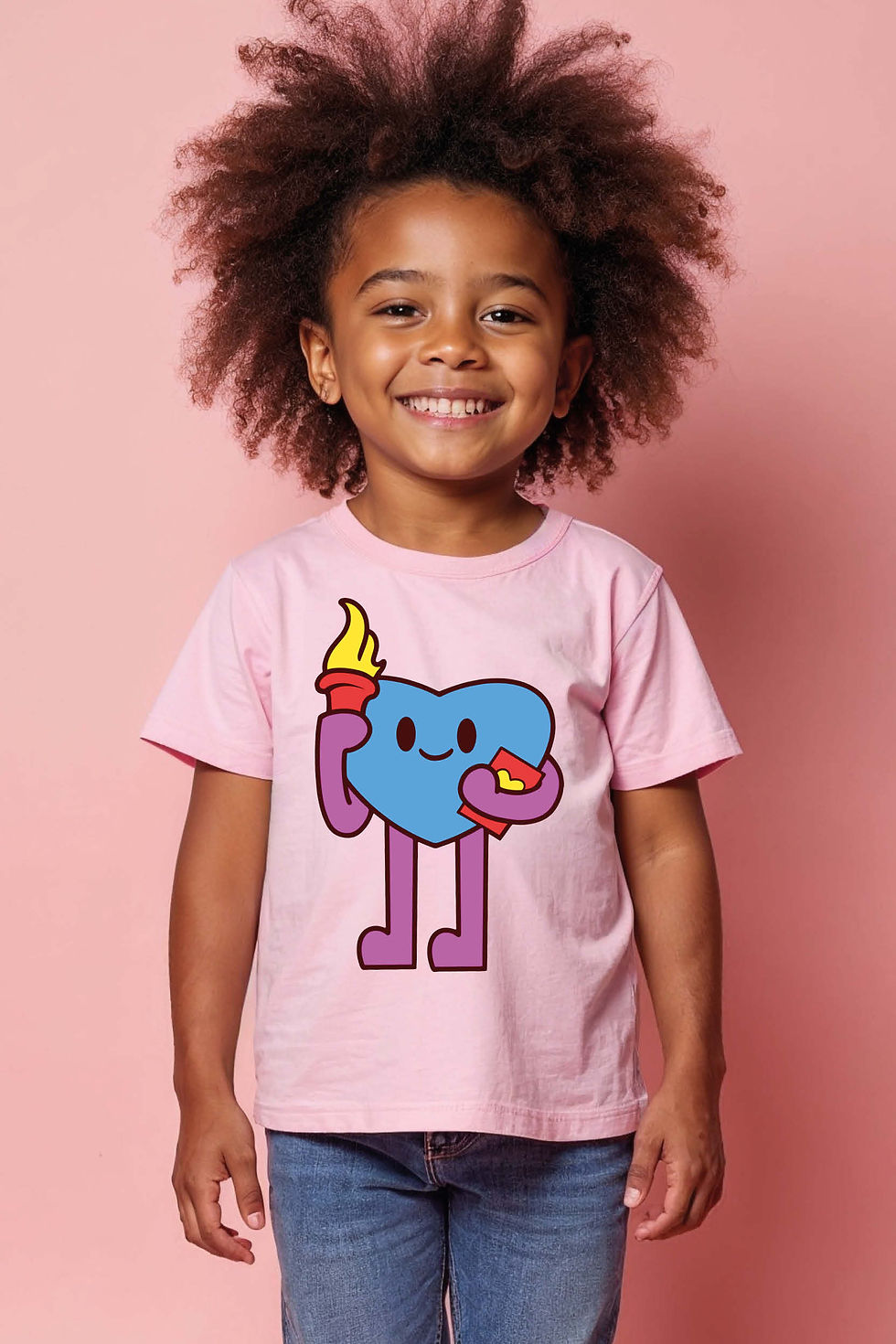 Thumbnail: Happy Cartoon Heart Holding a Torch and Book Graphic Tee Cute Cool Cartoon Kids
