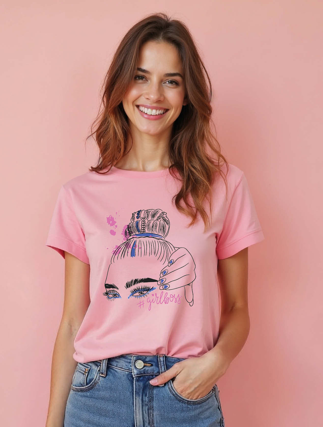 Messy Bun and Eyelash Trendy Women’s Streetwear T-Shirt – Discount Offer
