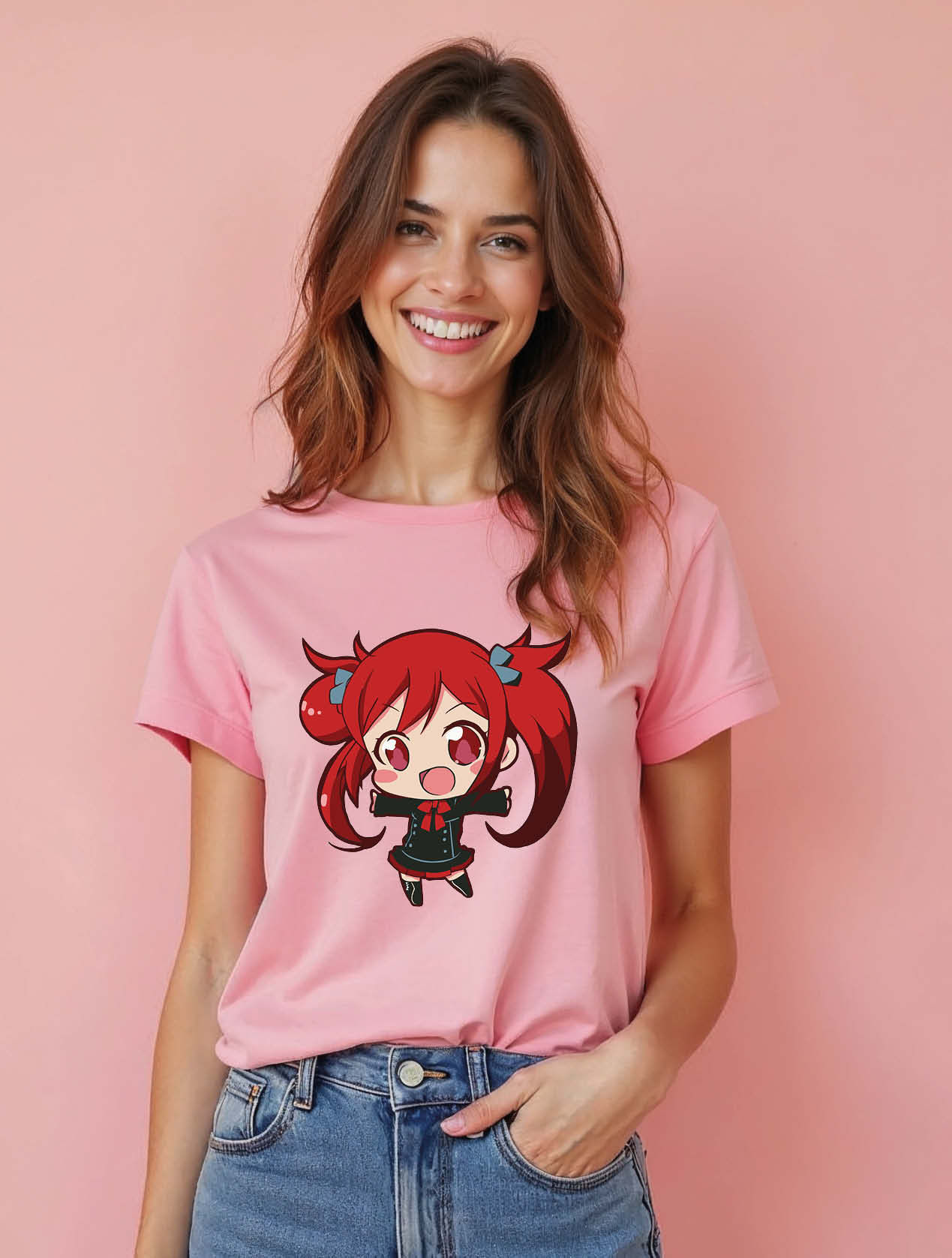 Chibi Red Pigtails Anime Chic Women’s Streetwear T-Shirt – Discount Offer