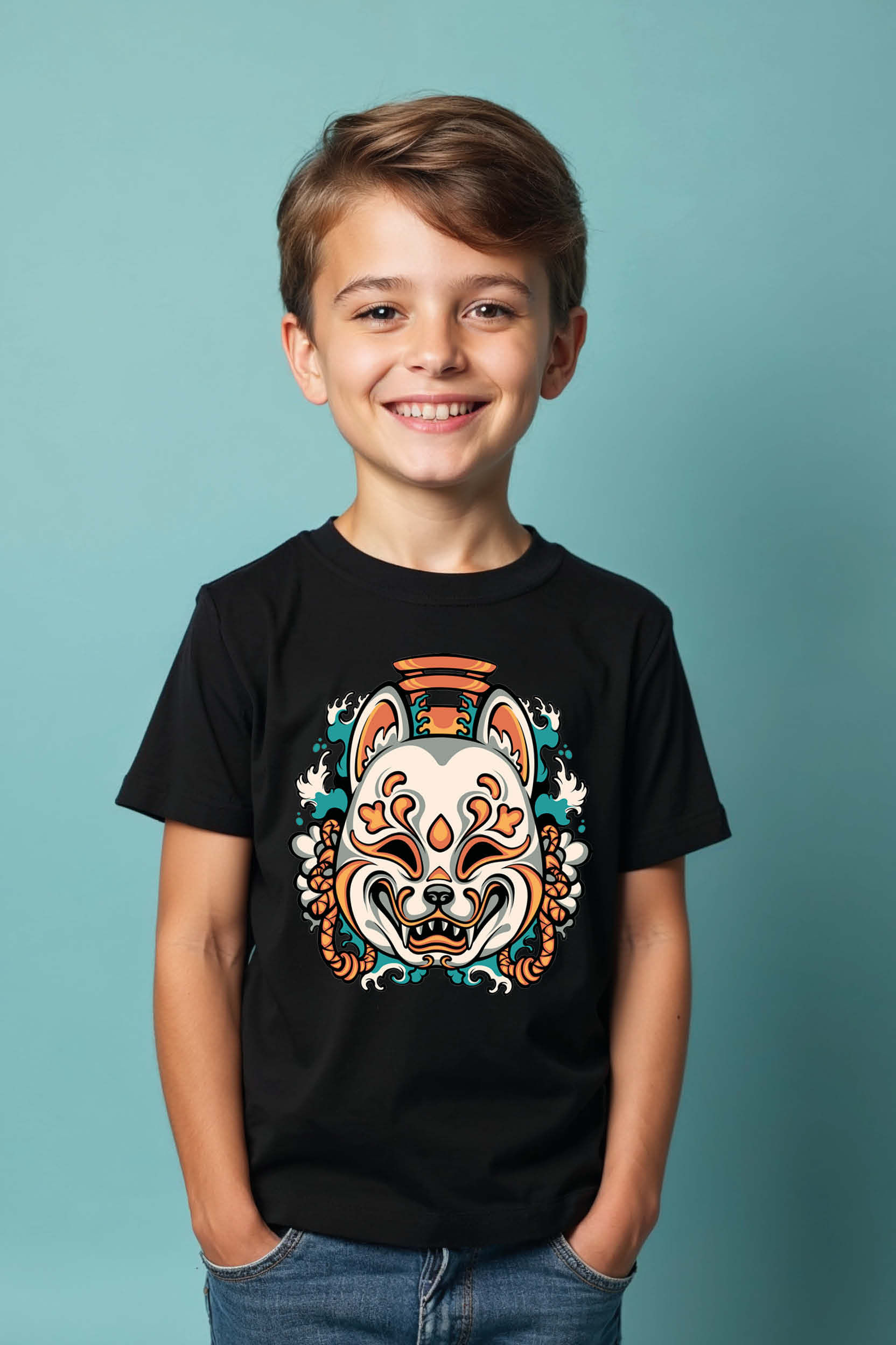 Samurai Fox Mask Kids T-Shirt – Cool Japanese Art Print Tee for Boys & Gir