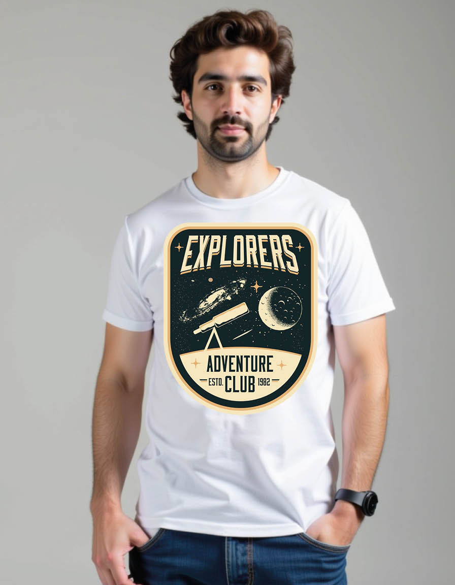 Thumbnail: vintage styled space cosmic badge label templte mens printed graphic t shirts