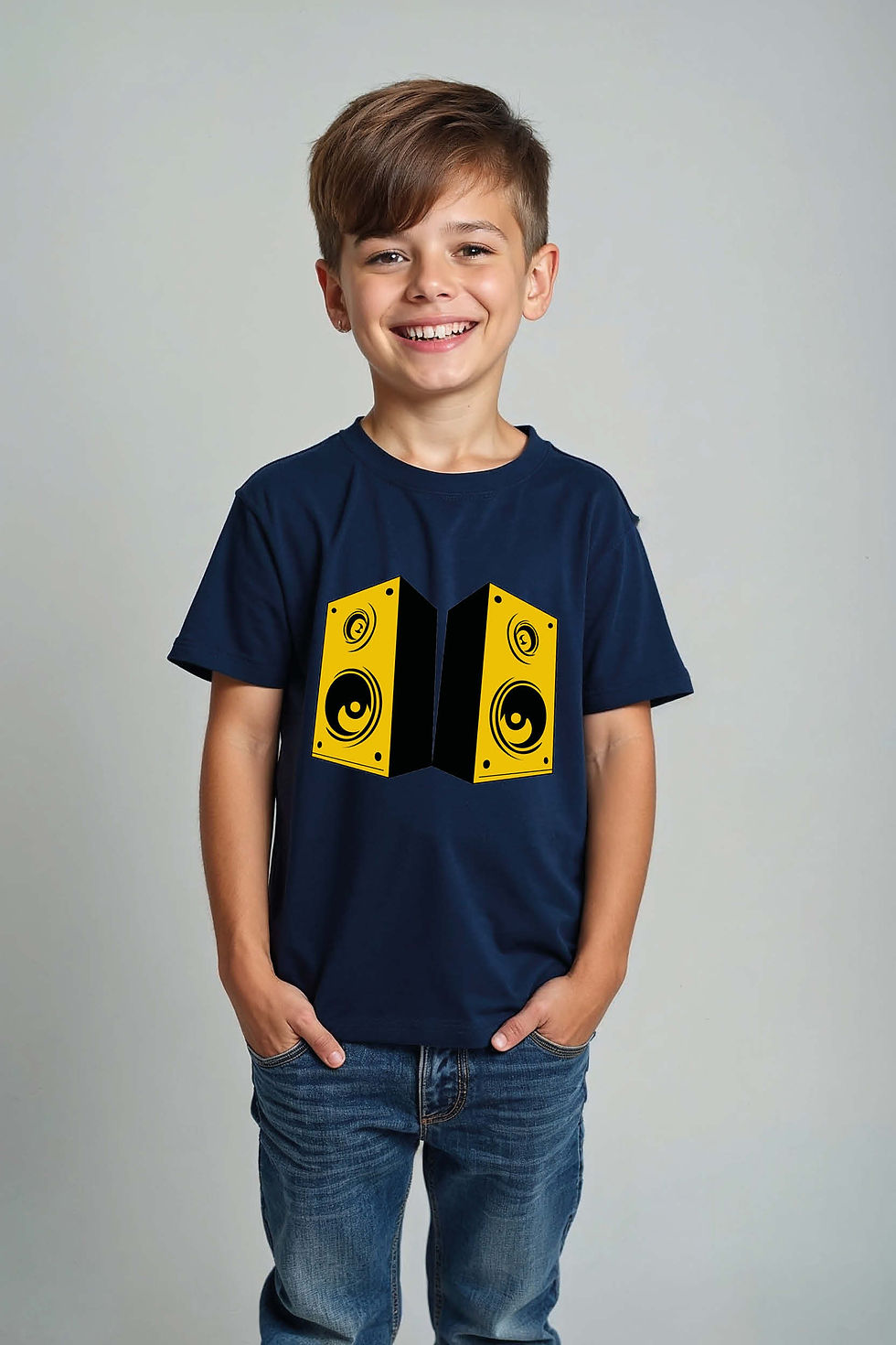 Thumbnail: Dual Yellow Speaker Towers Cute Unisex Kids Graphic Tee – Graphic Print Design