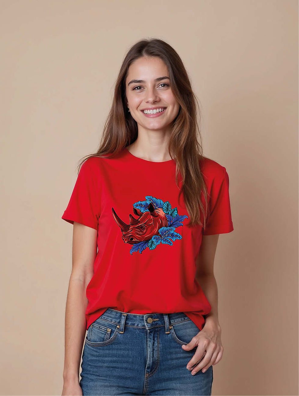 Thumbnail: Red Rhinoceros with Vibrant Blue Flowers Trendy Women’s Printed Graphic T-Shirt