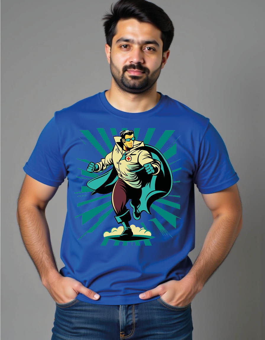 Thumbnail: doctor superhero character dynamic running retro cartoonmensprintedgraphictshirt