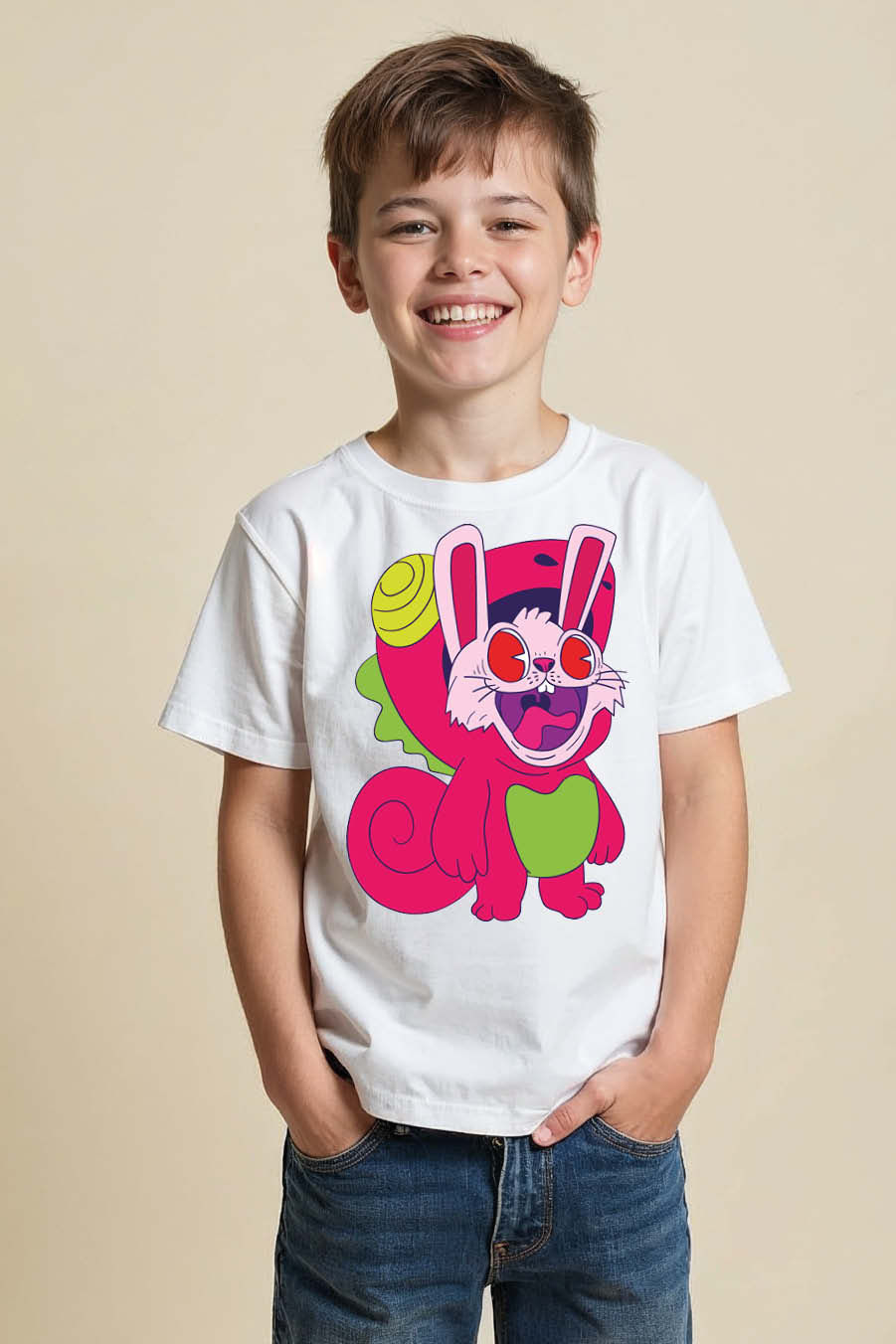 Excited Bunny-Dino Hybrid Graphic T-Shirt Cute Cartoon Printed T-Shirt