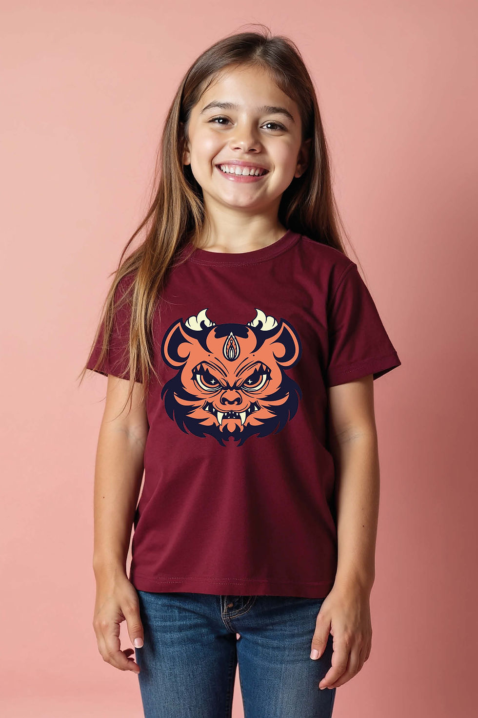 Thumbnail: Orange Fanged Monster/Oni Graphic Tee Colorful Kids Graphic Tee – Design Print
