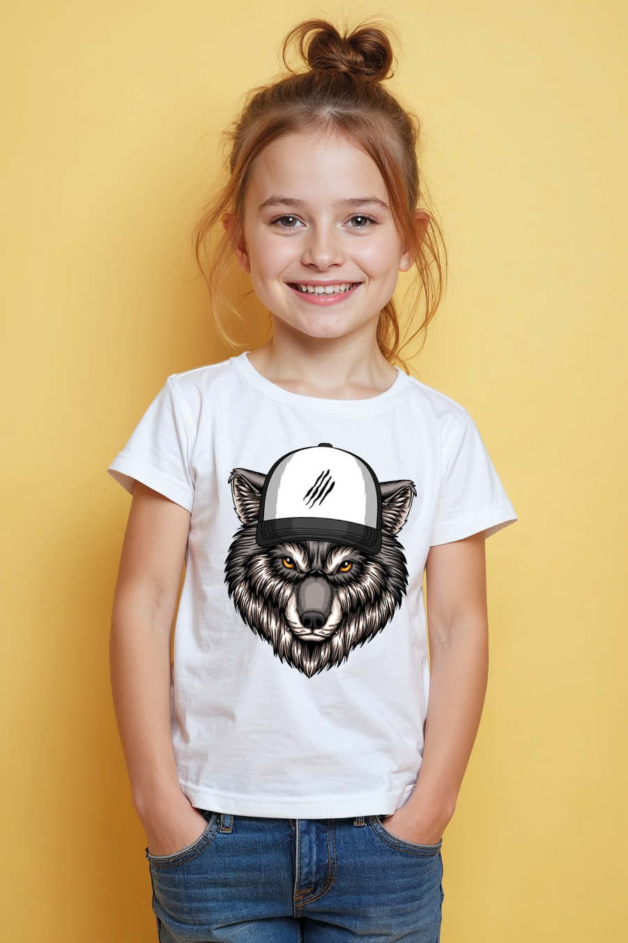 Cool Wolf Cap Graphic T-Shirt – Stylish White Casual Tee Cool Kids Graphic Tee