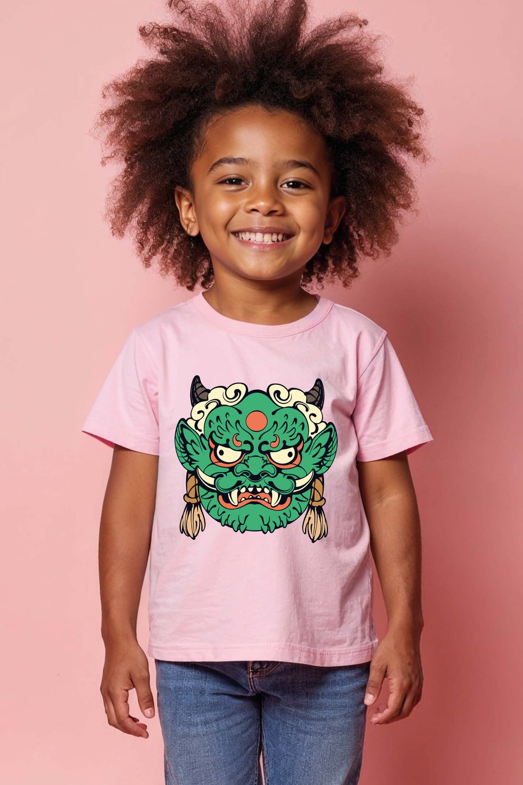Vibrant Green Japanese Demon Kids Playful Kids Printed T-Shirt – Character Print
