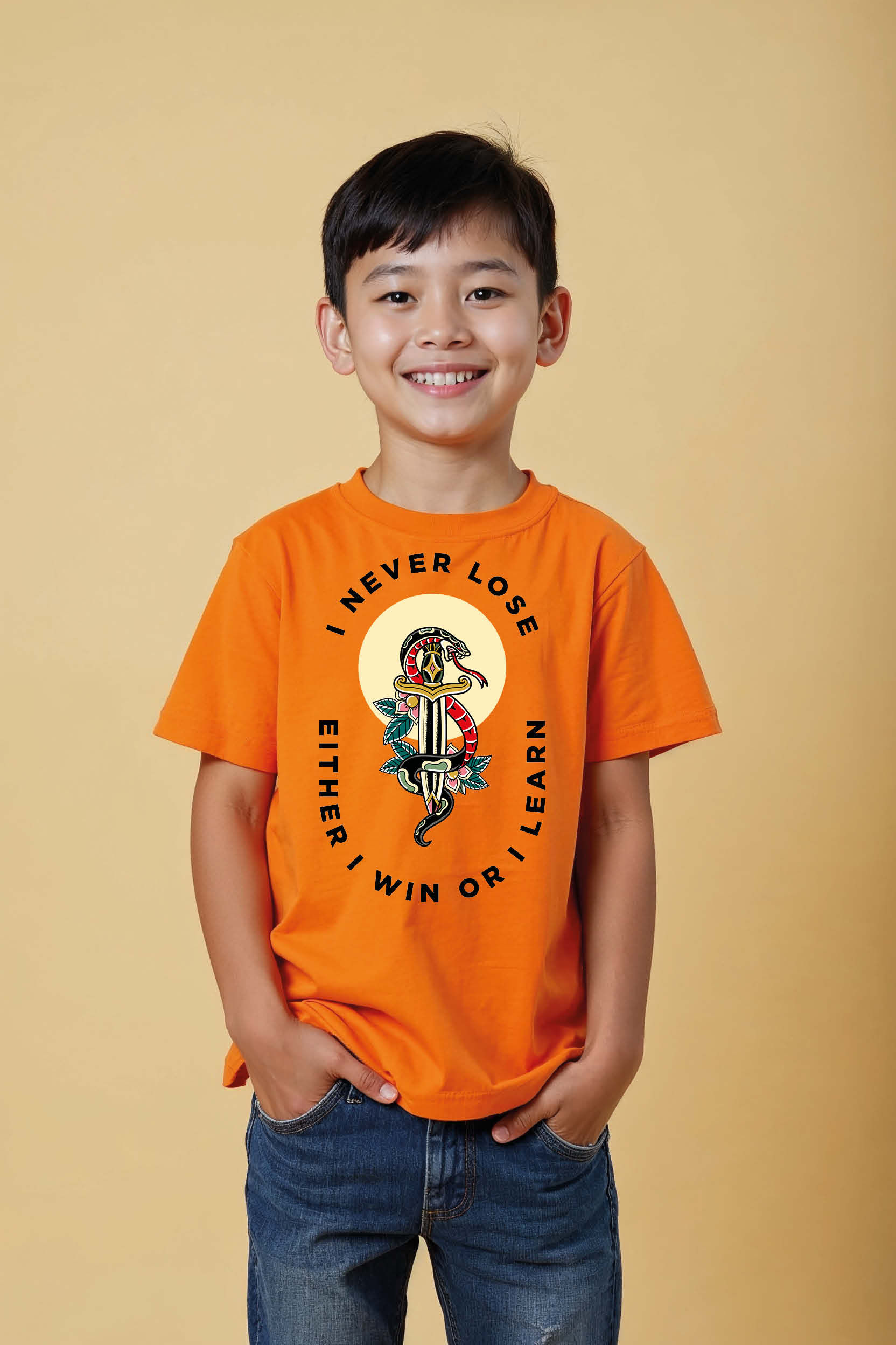 I Never Lose Quote Graphic Kids T-Shirt – Motivational Snake Art Tee for Boys &