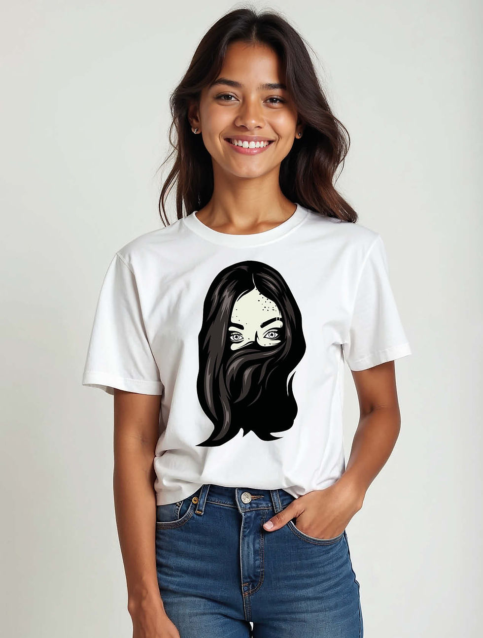 Thumbnail: Girl with Face Hidden by Hair Urban Women’s Typography T-Shirt – Shop Now