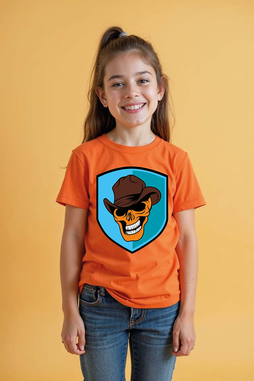 Thumbnail: Laughing Cowboy Skull Shield Cool Kids Graphic Tee – Drawing Print Design