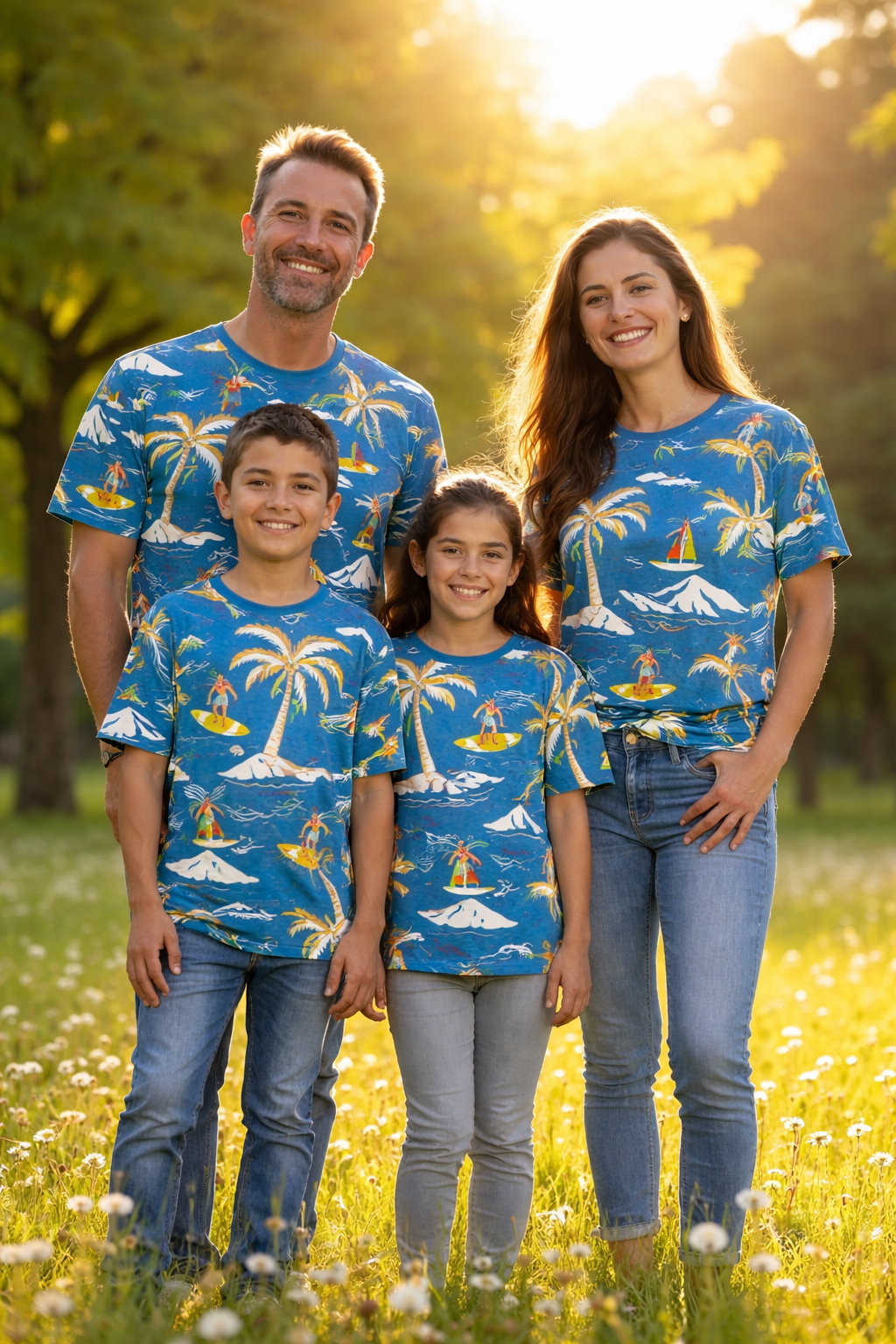 Hawaiian beach patterned Family matching printed tees pack of 4