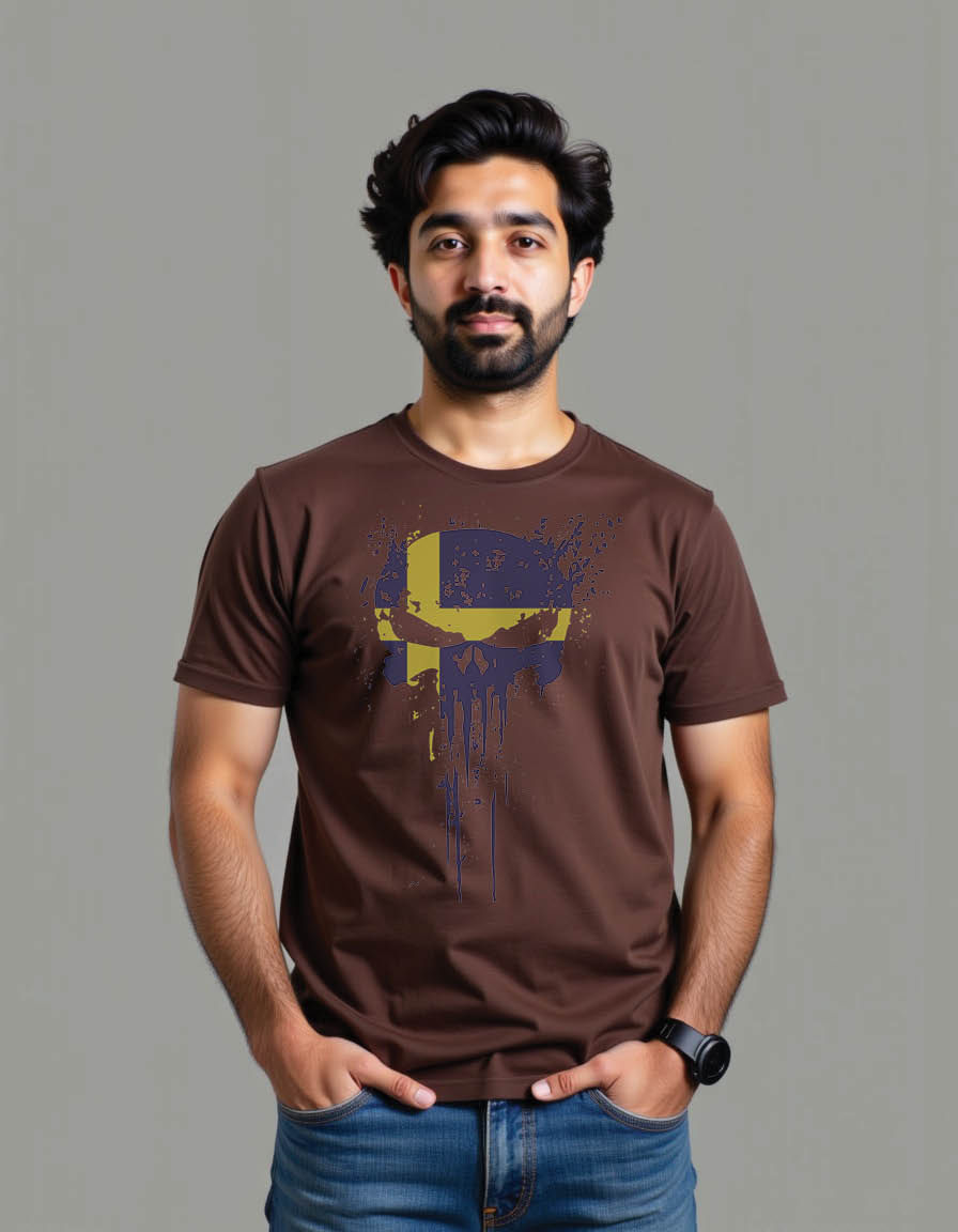 Thumbnail: skull head sweden flag with grunge texture mens printed graphic t shirt