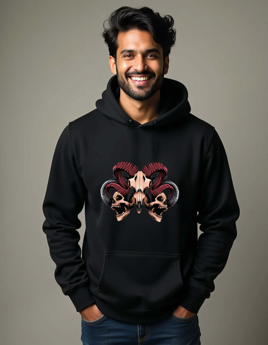Thumbnail: Twin Ram Skull Emblem Stylish Unisex Printed Graphic Hoodies For Men & Women