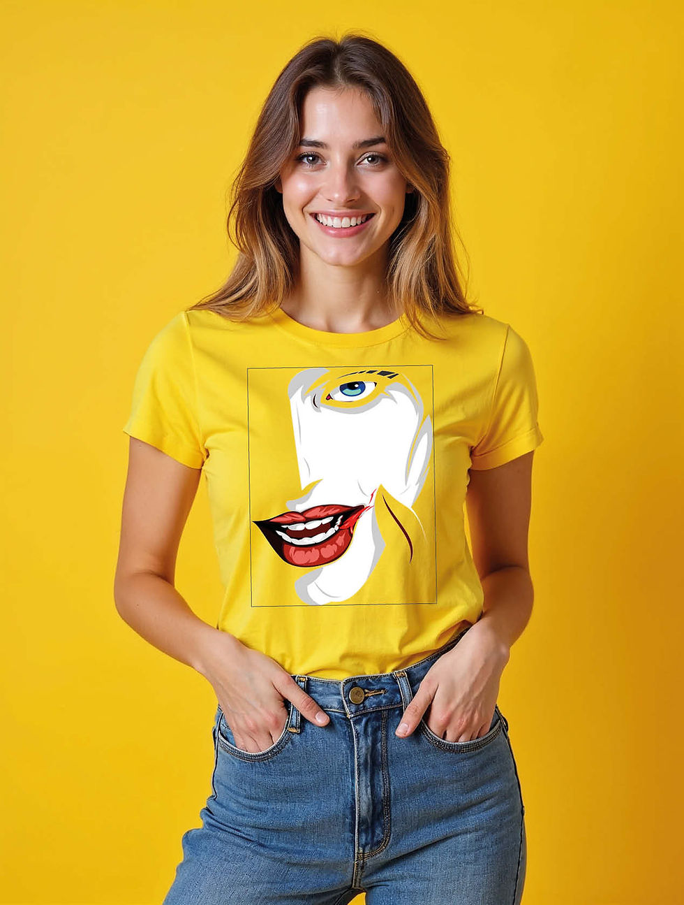 Thumbnail: Stylized Face with Wide Grin  Chic Women’s Streetwear T-Shirt – Sale