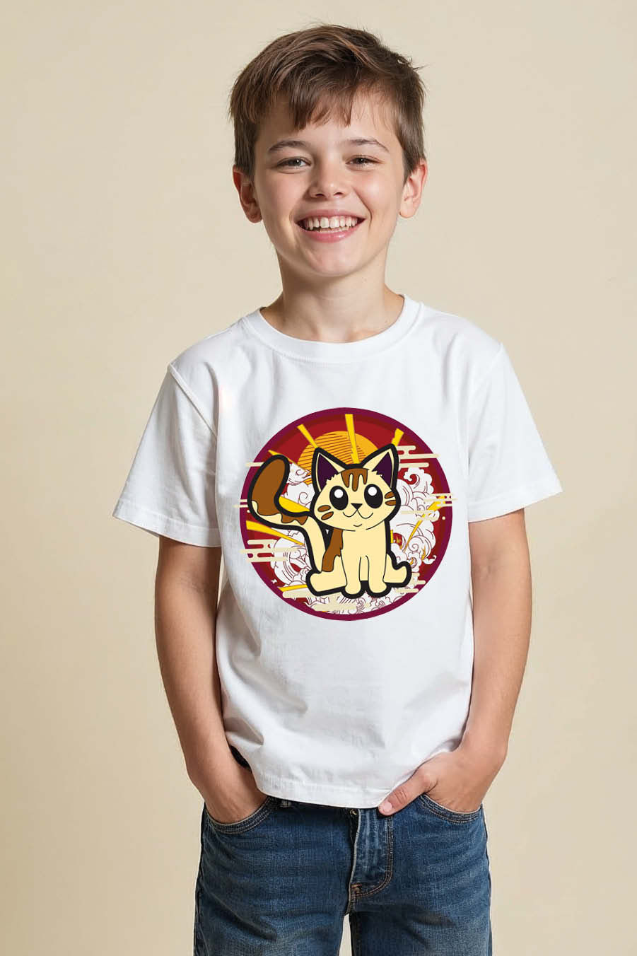 Thumbnail: Kawaii Japanese Style Cat and Sun Kid's T-Shirt Cool Typography Print T-Shirt