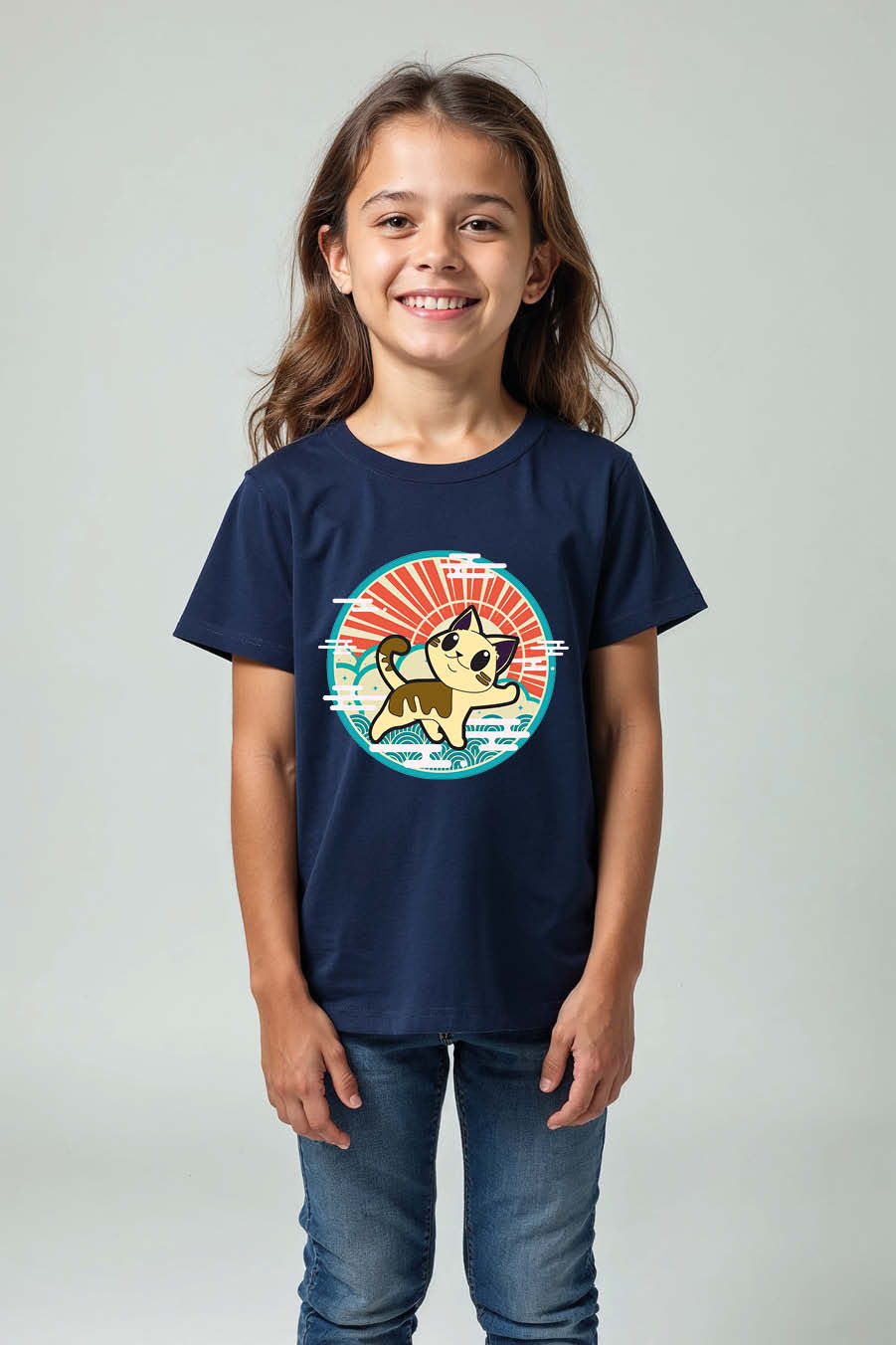 Thumbnail: Waving Kawaii Cat and Rising Sun Kid's T-Shirt Soft Stylish Kids Graphic T-Shirt