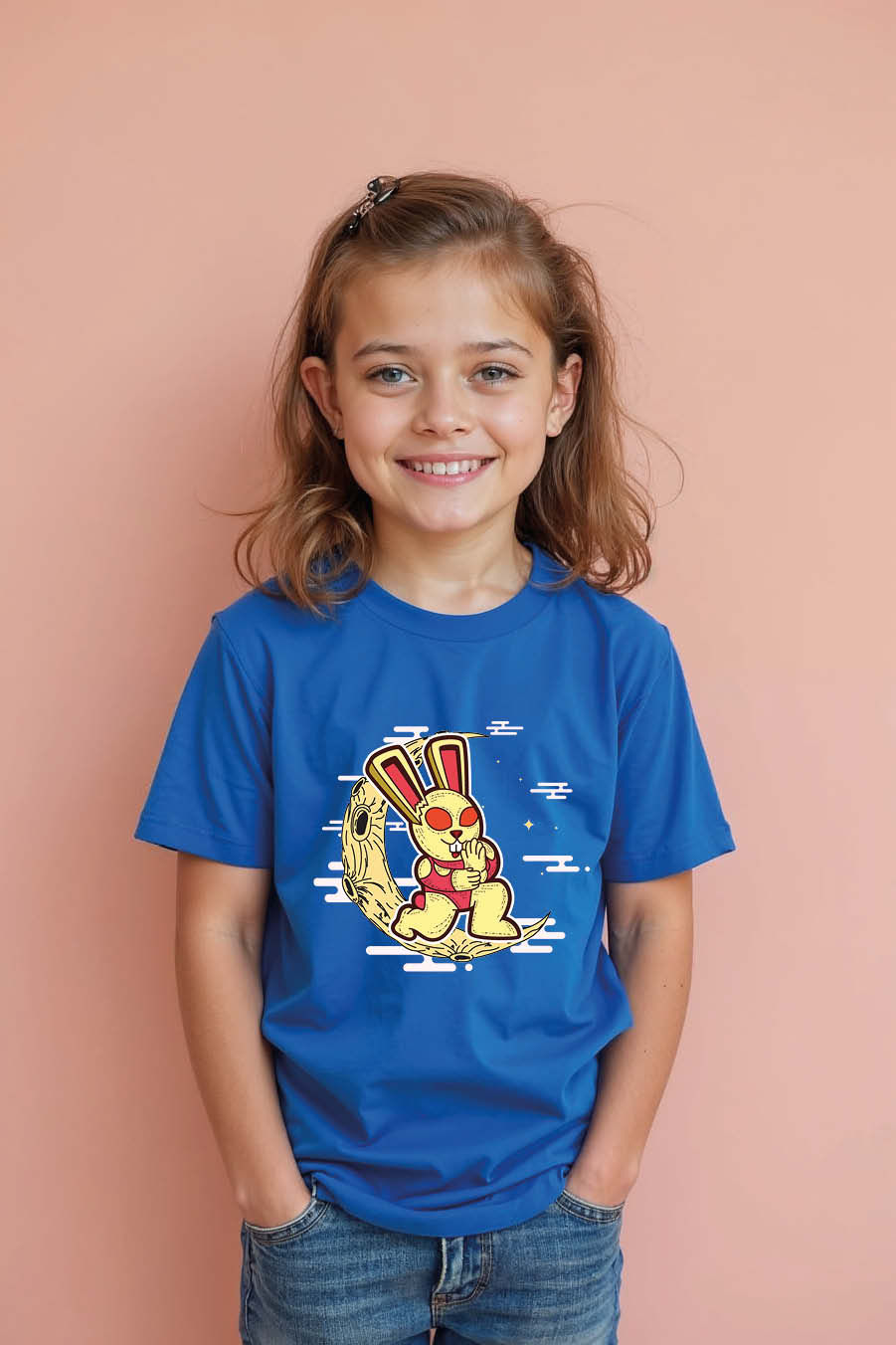 Thumbnail: Rabbit on Crescent Moon GraphicComfortable  Printed T-Shirt for Boys & Girls