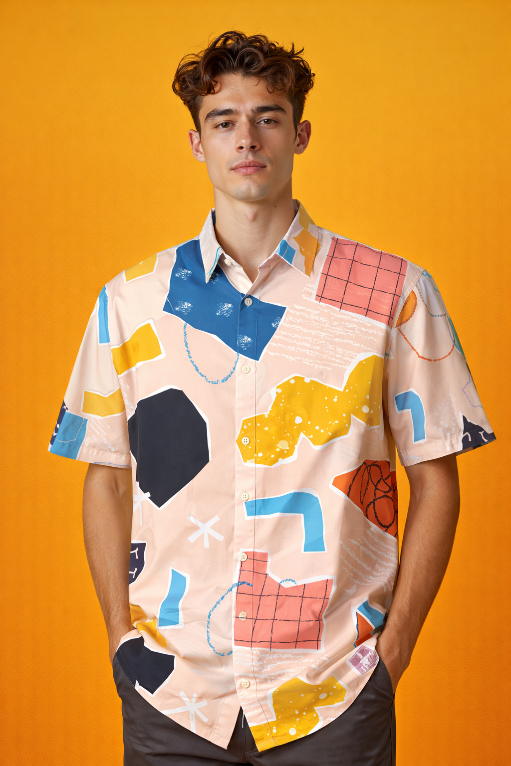 Young model in colorful abstract Designer Premium Patterned AOP Oversized Shirt