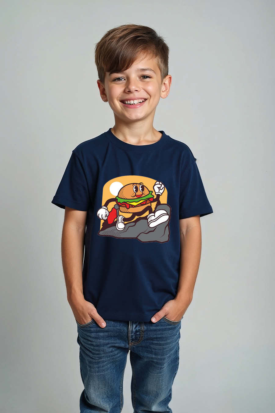 Thumbnail: Burger Cartoon Cool Casual Kids Printed T-Shirt – Graphic Print Design for Boys