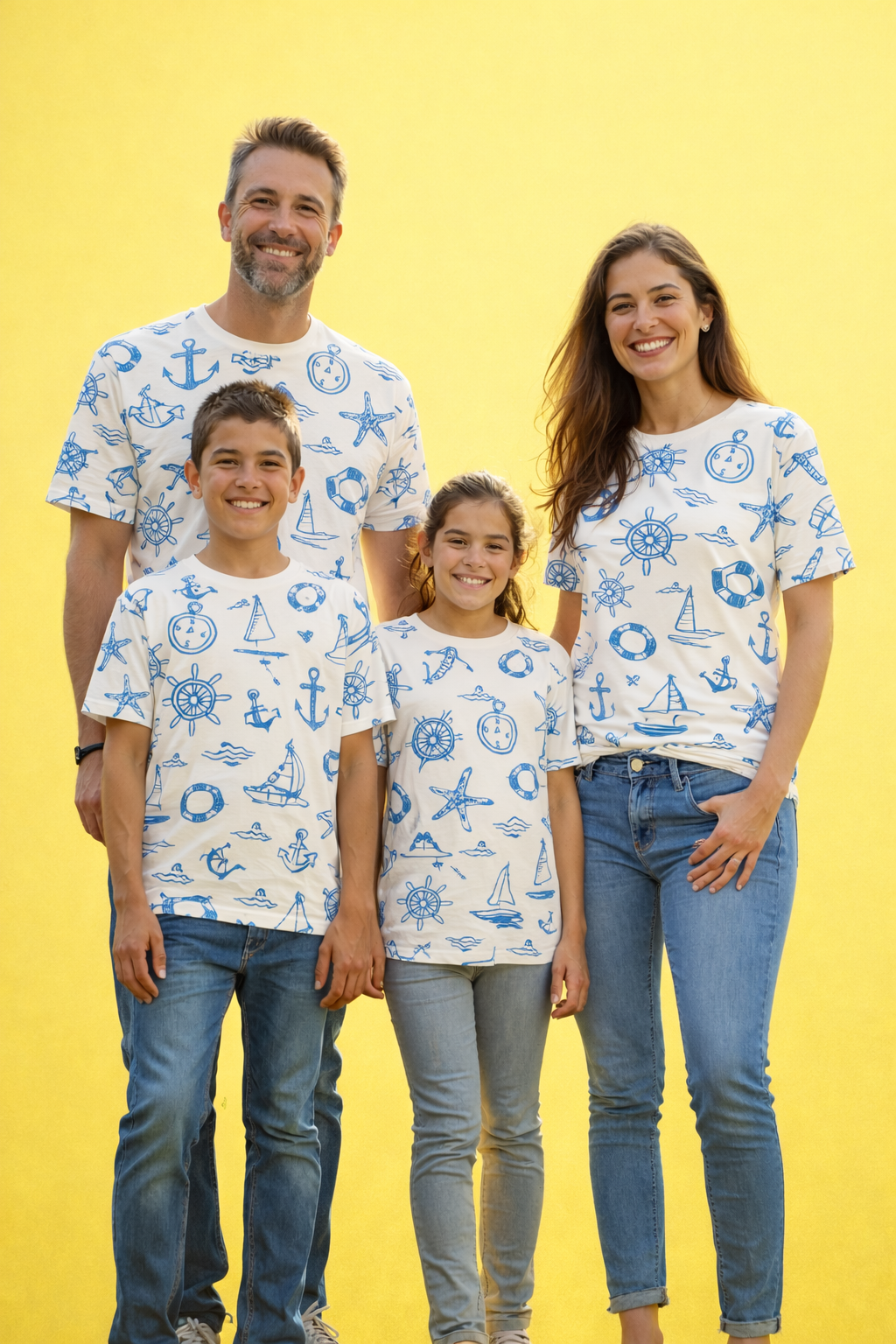 Family nautical-themed matching printed T-shirts pack of 4