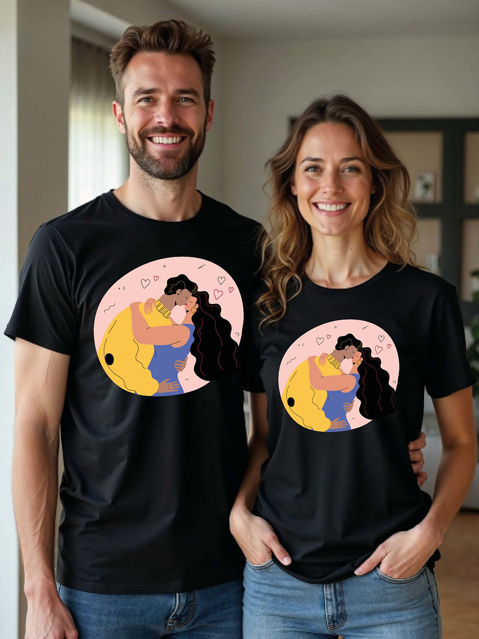 Thumbnail: Cute Illustration Couple T-Shirts - Romantic Printed Matching Set | Shop Now