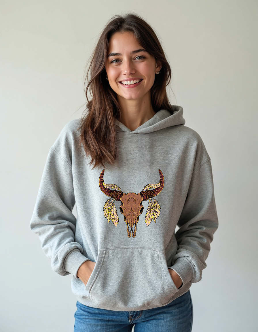 Thumbnail: Cow skull with feather Unisex Printed Graphic Hoodies