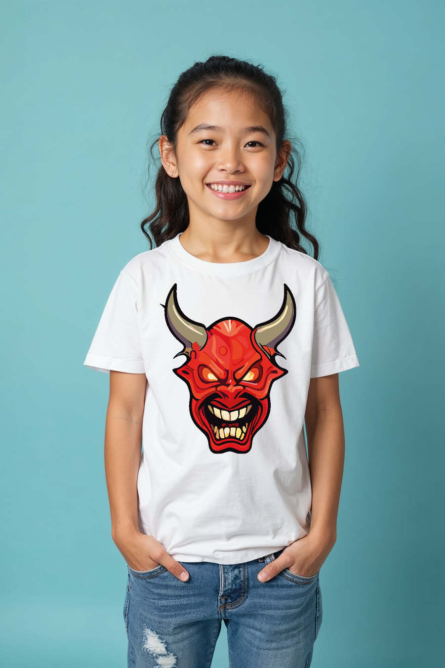 Thumbnail: Red Devil Face Kids T-Shirt – Cool Halloween Graphic Tee for Boys & Girls