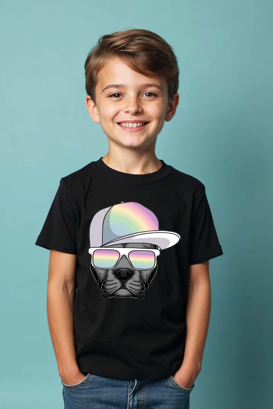 Thumbnail: Pitbull with Pastel Rainbow Cap and Sunglasses T-Shirt Fashion Typography Print