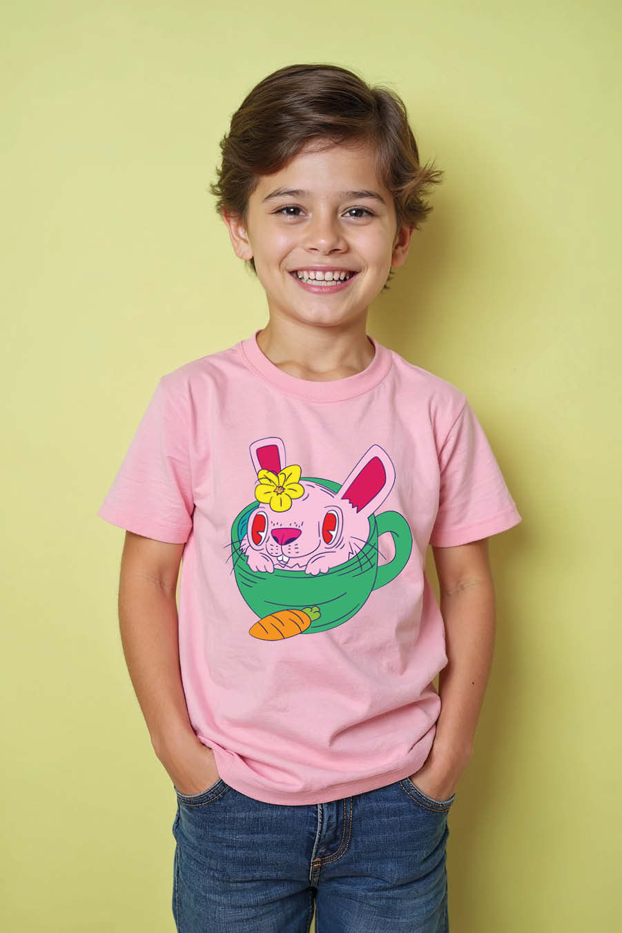 Thumbnail: Rabbit in a Green Teacup Graphic Premium Printed T-Shirt Boys & Girls