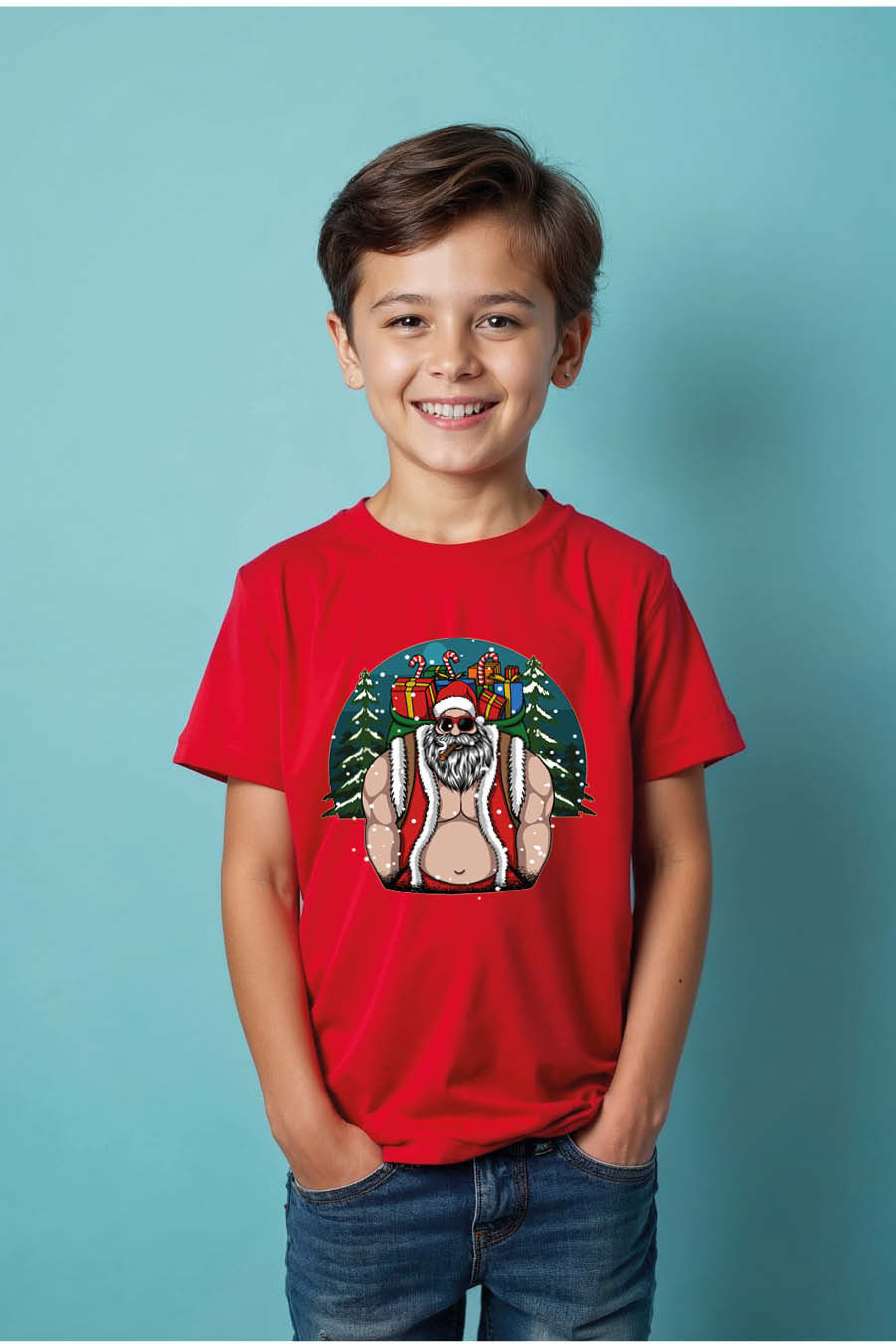 Buff Santa Claus with Cigar and Sunglasses Christmas T-Shirt Modern Kids