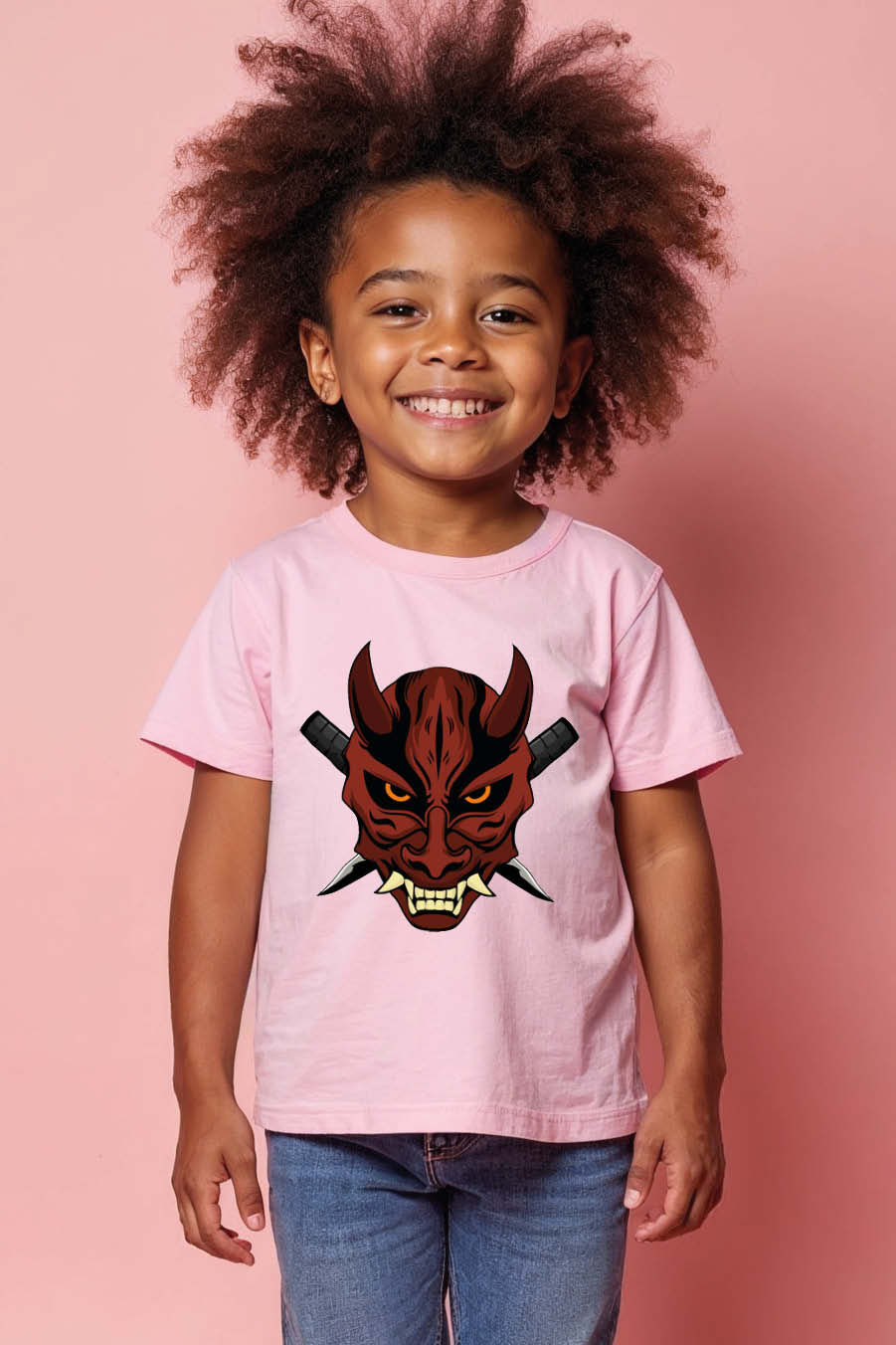 Thumbnail: Kids' Japanese Hannya Mask and Swords T-Shirt Casual Stylish Printed T-Shirt
