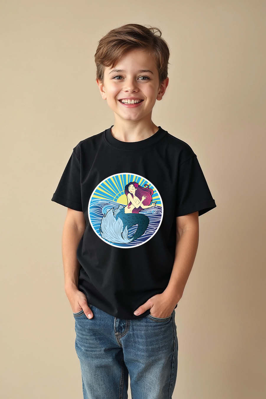 Thumbnail: Purple-Haired Mermaid and Ocean Sunrise Graphic Colorful Unisex Kids Graphic Tee