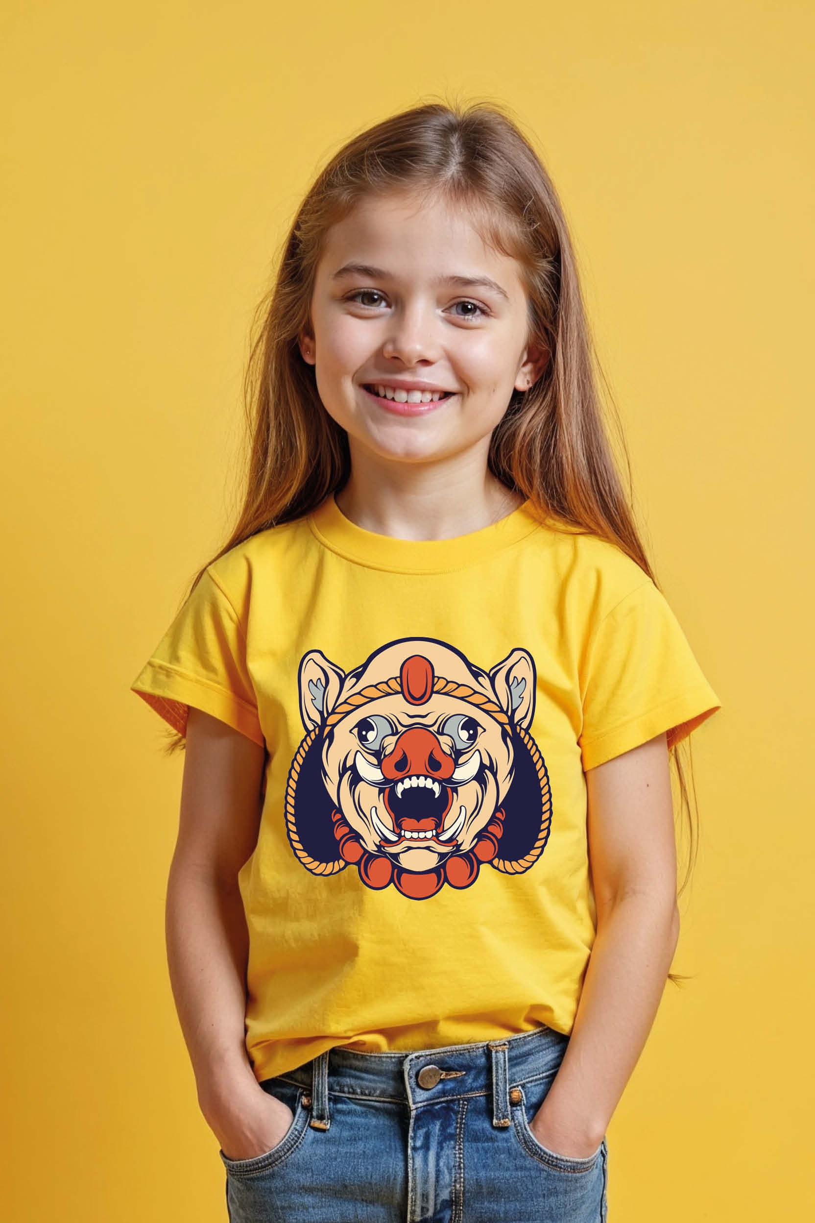 Ferocious Wild Boar Mask Graphic Tee Casual Cool Cartoon Kids T-Shirt – Print