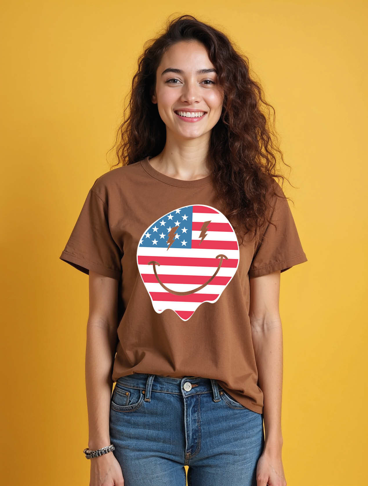 USA Flag Melting Smiley Face Casual Women’s Printed Graphic Streetwear T-Shirt