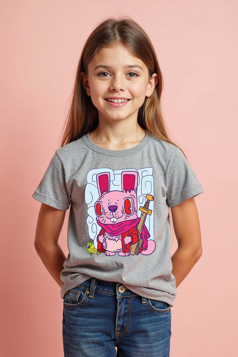 Thumbnail: Warrior Rabbit with Sword Graphic Youth T-Shirt Modern Casual Kids Printed