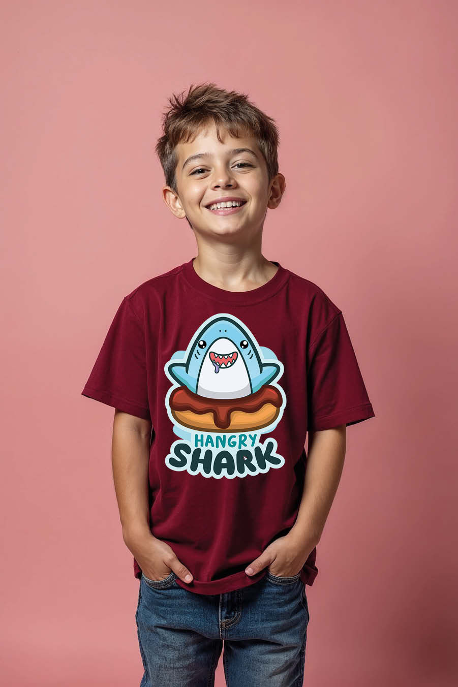 Thumbnail: Hangry Shark Modern Kids Printed T-Shirt – Quote Print Design for Boys & Girls