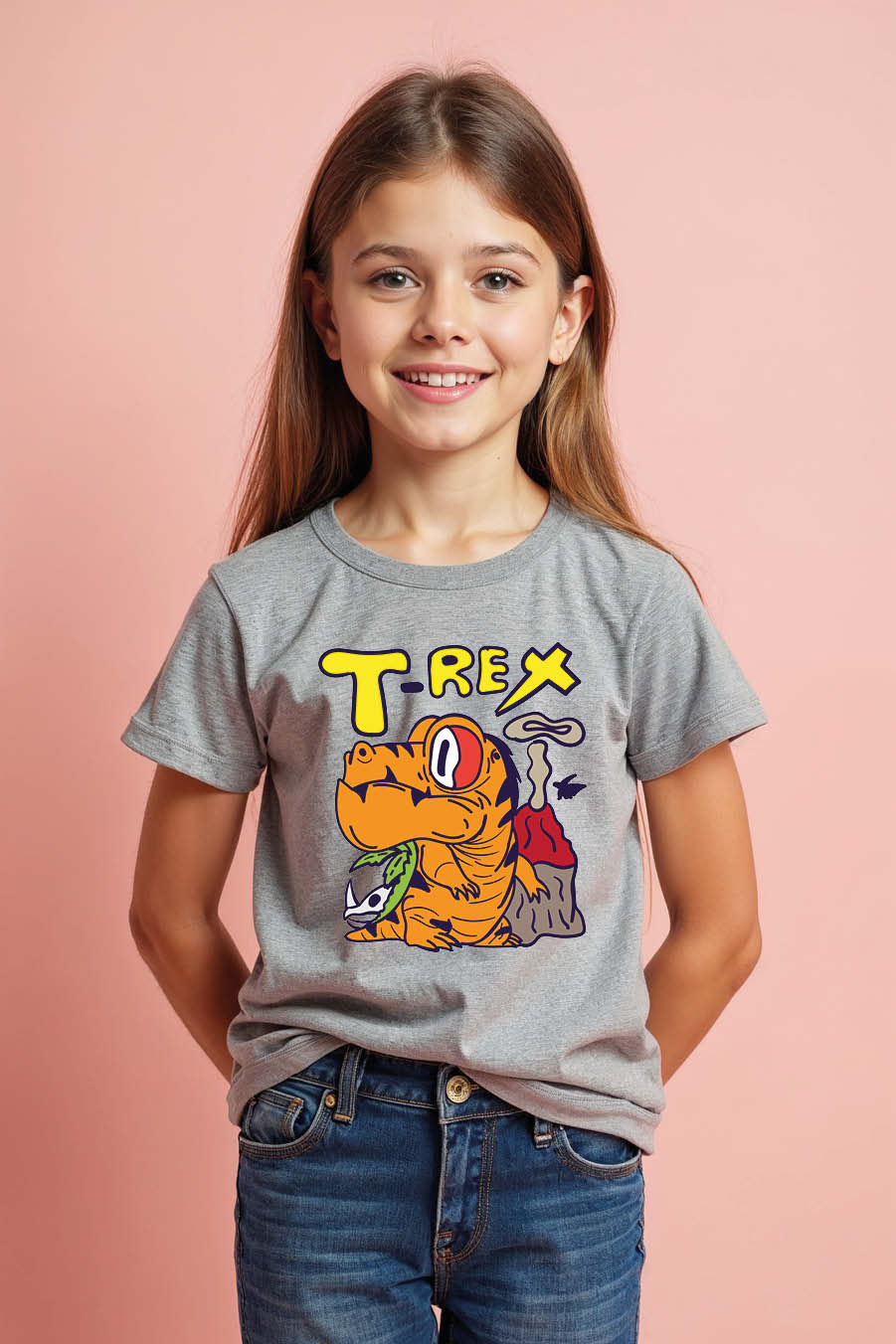 T-Rex with Volcano Fashion Kids Graphic Tee – Print Design for Boys & Girls